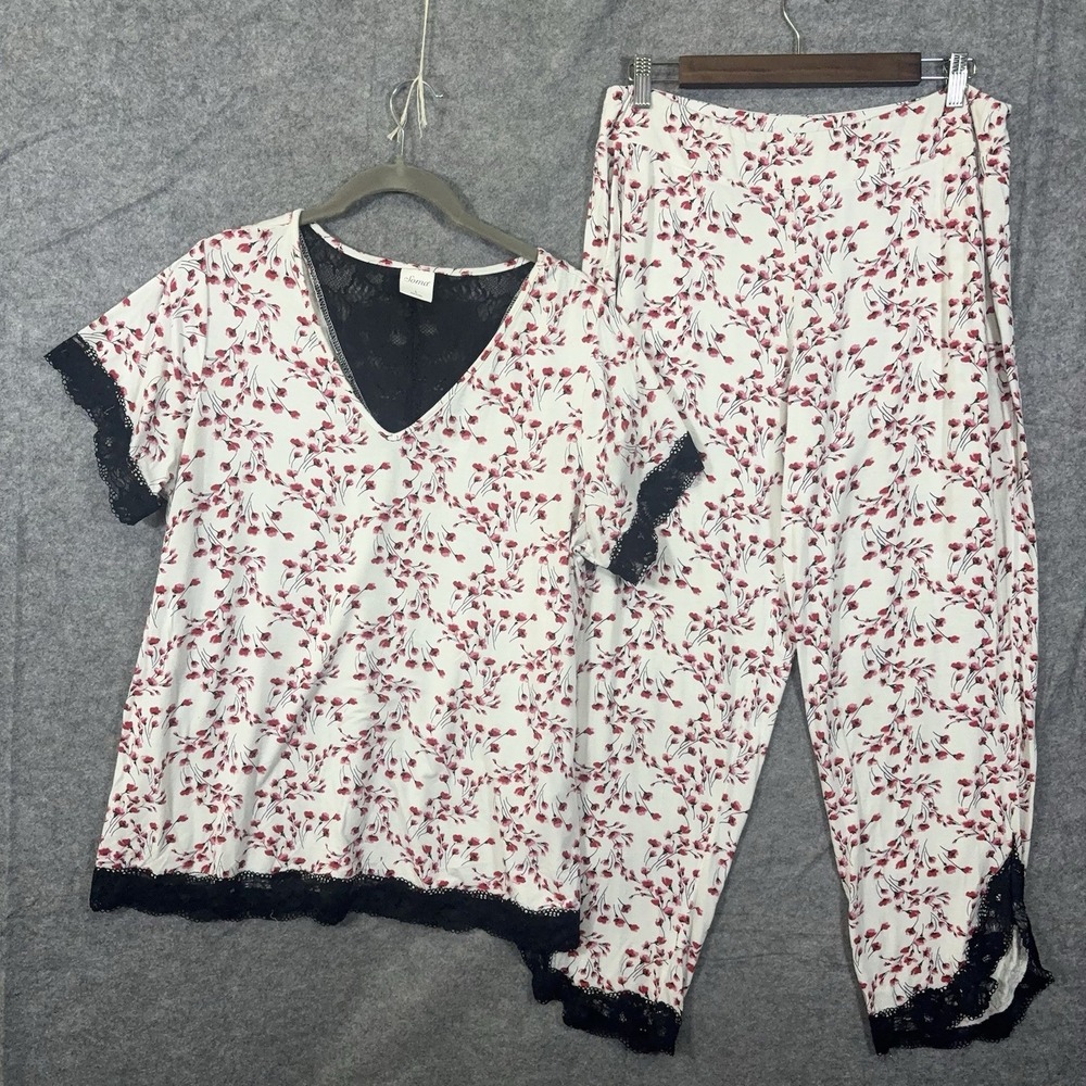 Soma Pajama Set Womens Sz L White Red Black Floral Lace Trim Stretch